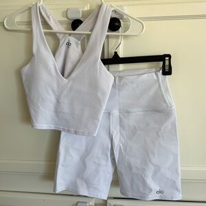 Alo Set White Airbrush Real Bra Tank and High Waist Biker Shorts